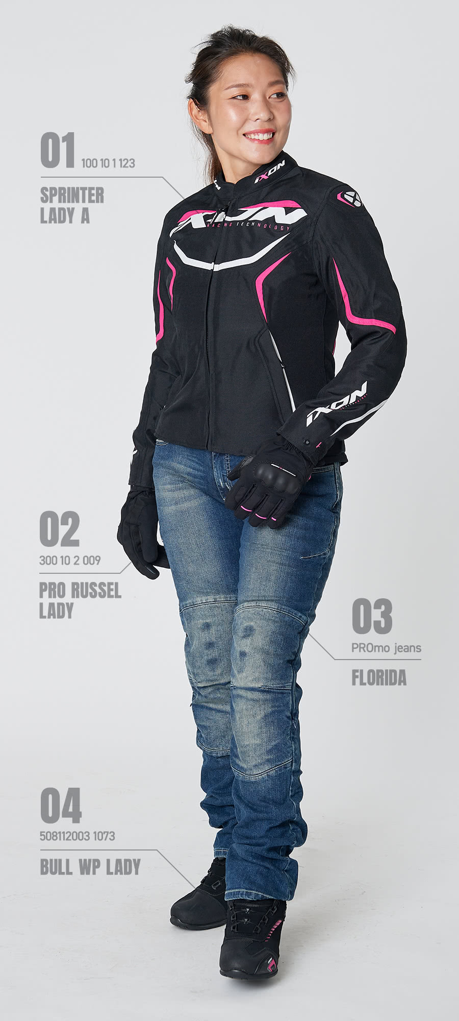 IXON SPRINTER LADY A（イクソン スプリンターレディーA） ＋ PRO RUSSEL LADY（プロラッセルレディー） ＋ BULL WP LADY（ブルWPレディー） ＋ PROmo jeans FLORIDA（プロモジーンズ フロリダ）着用イメージ